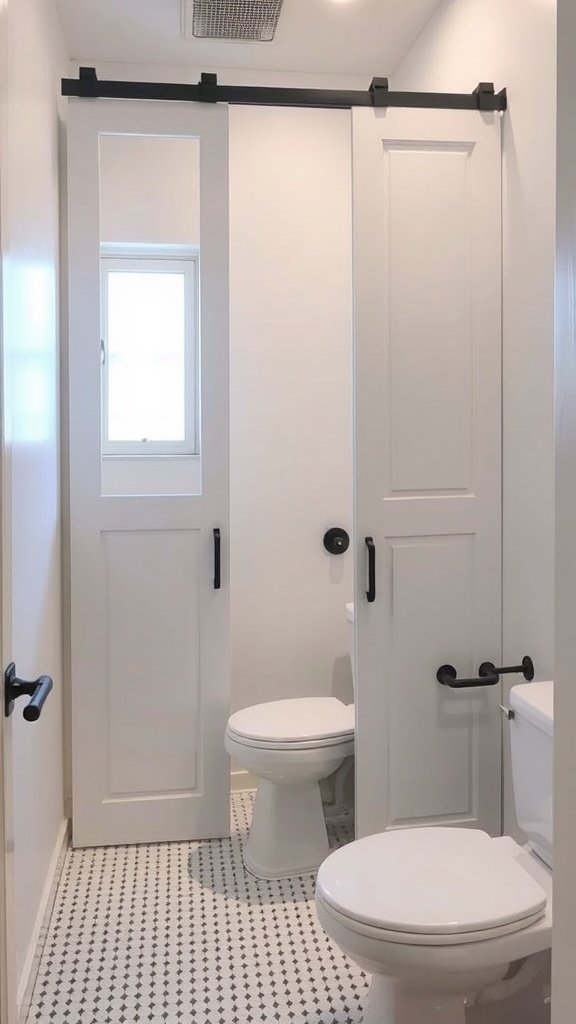Baño pequeño con puertas corredizas blancas y detalles en negro.