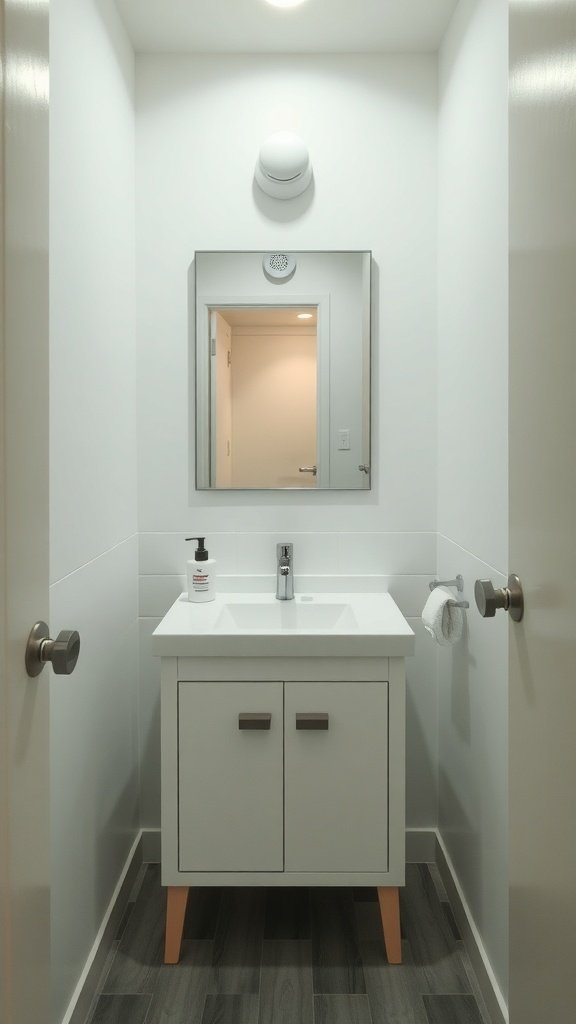 Baño pequeño con un mueble de tocador blanco y un espejo