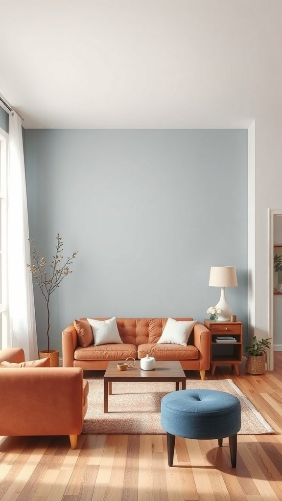 A cozy living room with orange sofas and a light blue wall.