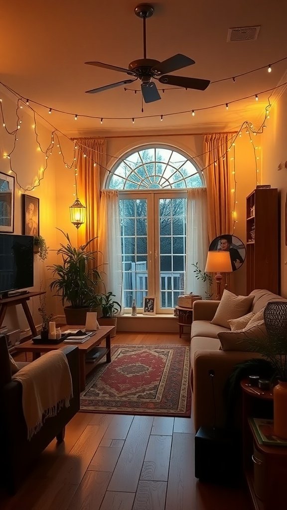 Cozy living room with string lights illuminating the space