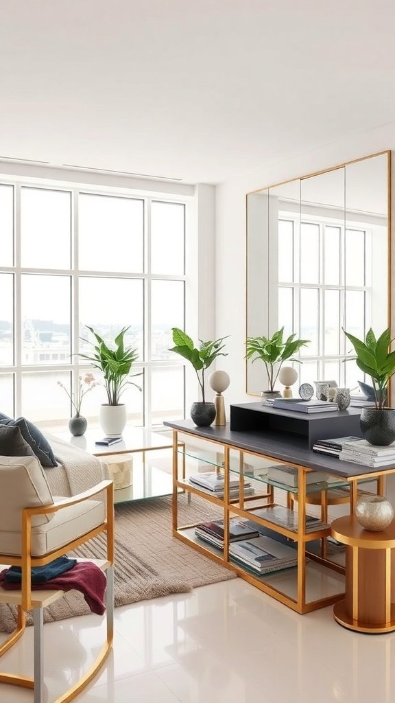A stylish living room featuring a large mirror, plants, and modern furniture.