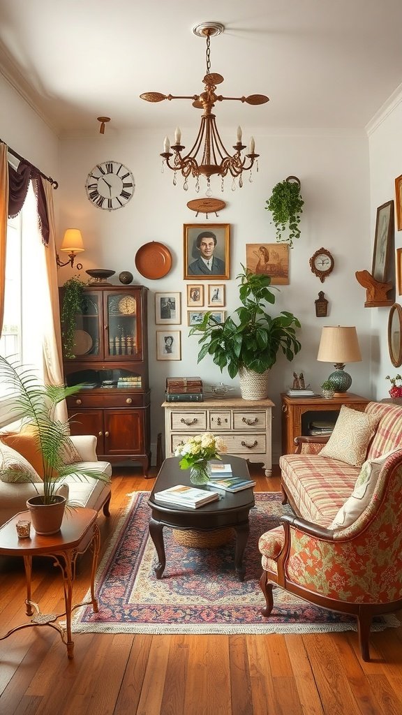 A cozy living room featuring vintage decor, including a chandelier, old clocks, and framed portraits.