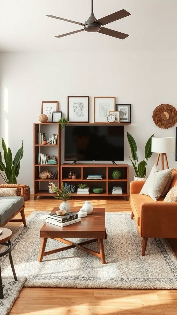 A cozy living room with a stylish coffee table, plants, and decorative accessories.