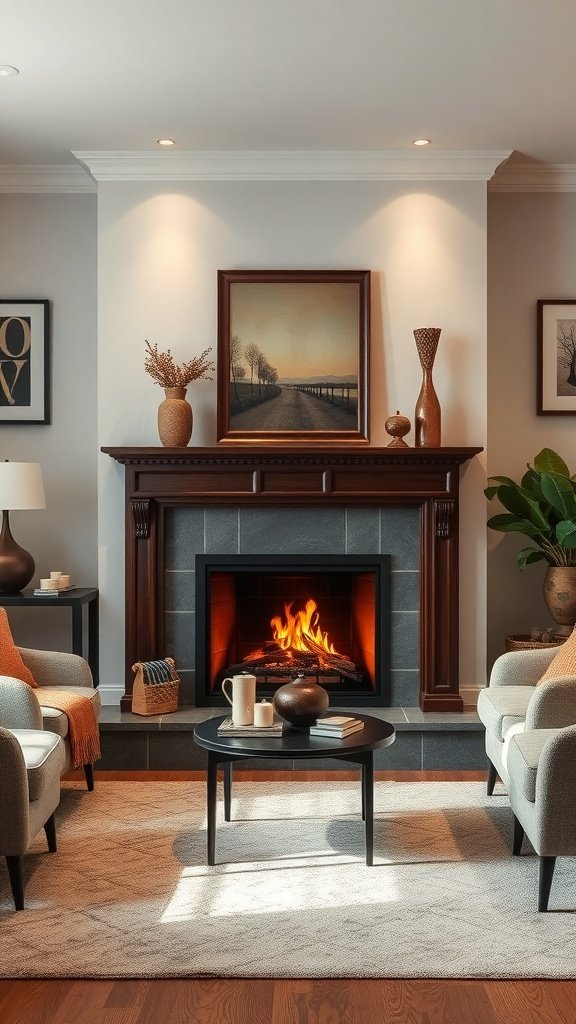 A cozy living room featuring a fireplace as a focal point, with comfortable chairs and decorative elements.