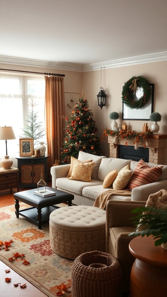 A cozy living room decorated for the holidays with a Christmas tree, wreath, and seasonal accents.
