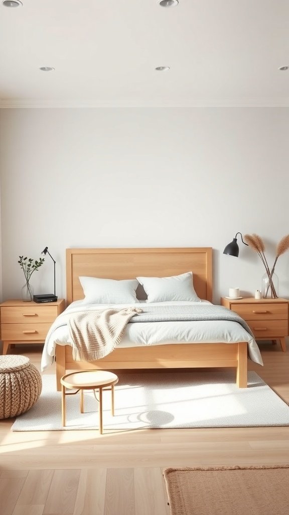 Chambre scandinave avec meubles en bois clair, lit, tables de nuit et décoration minimaliste.