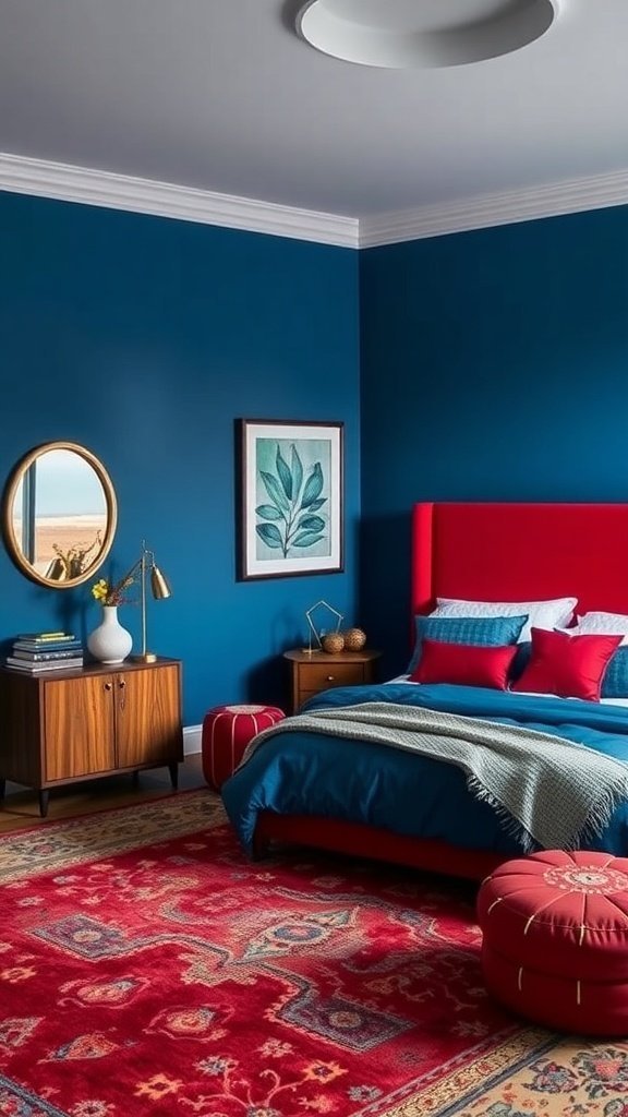 Um quarto luxuoso com paredes azuis ousadas, cabeceira vermelha e decoração colorida.