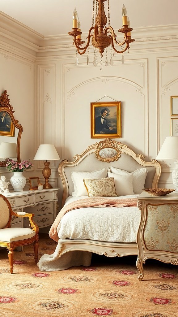 Um luxuoso quarto vintage com móveis ornamentados e decoração elegante.
