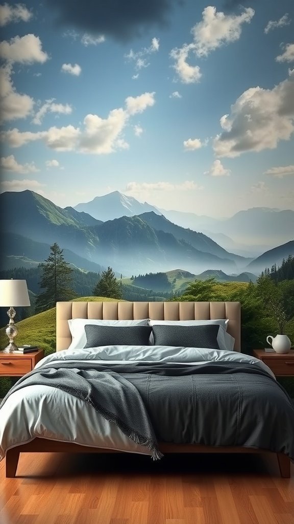 Um quarto luxuoso com um mural de montanhas e árvores.