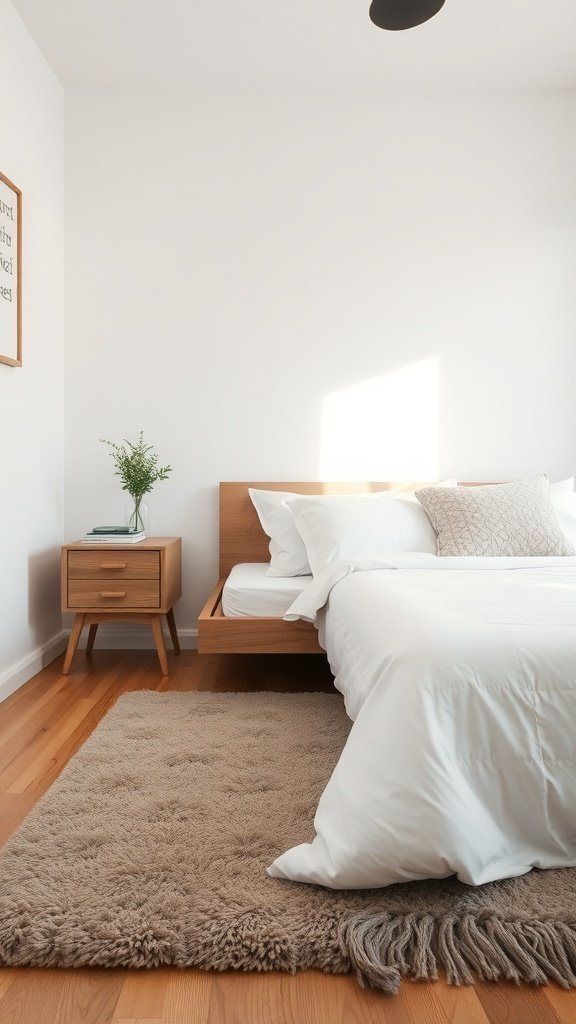 Um quarto aconchegante com um tapete felpudo, móveis de madeira e roupa de cama macia.