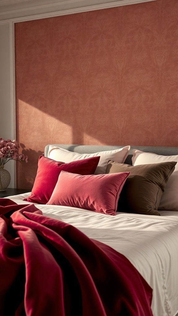 Decoração luxuosa de quarto com tecidos texturizados, almofadas e um cobertor em cores ricas.