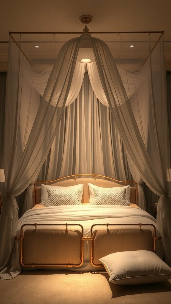 Uma luxuosa cama de dossel com cortinas macias e iluminação elegante.