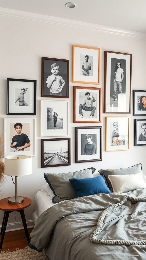 Um quarto aconchegante com uma parede de galeria com fotografias emolduradas em preto e branco.