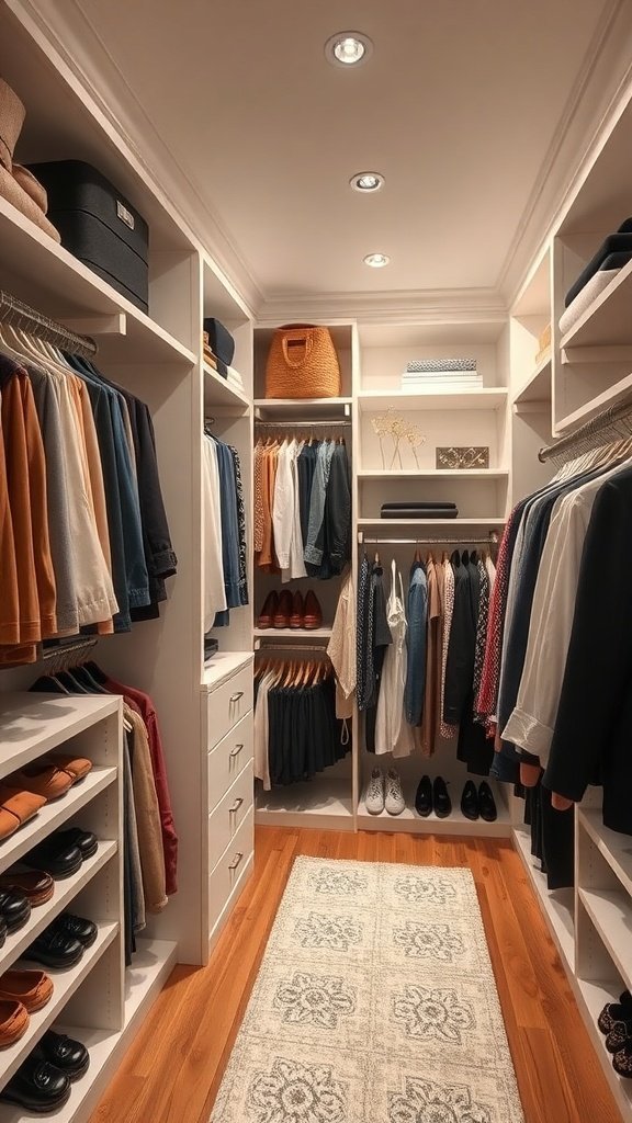 Um armário personalizado, espaçoso e organizado, com prateleiras e roupas penduradas.