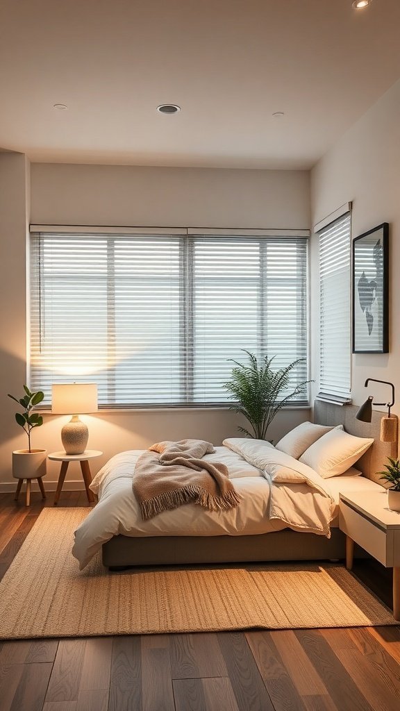 Um quarto moderno com recursos de casa inteligente, incluindo iluminação ajustável e um ambiente aconchegante.