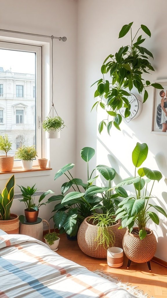 Um quarto aconchegante com diversas plantas de interior em vasos elegantes, com luz solar brilhante entrando pela janela.