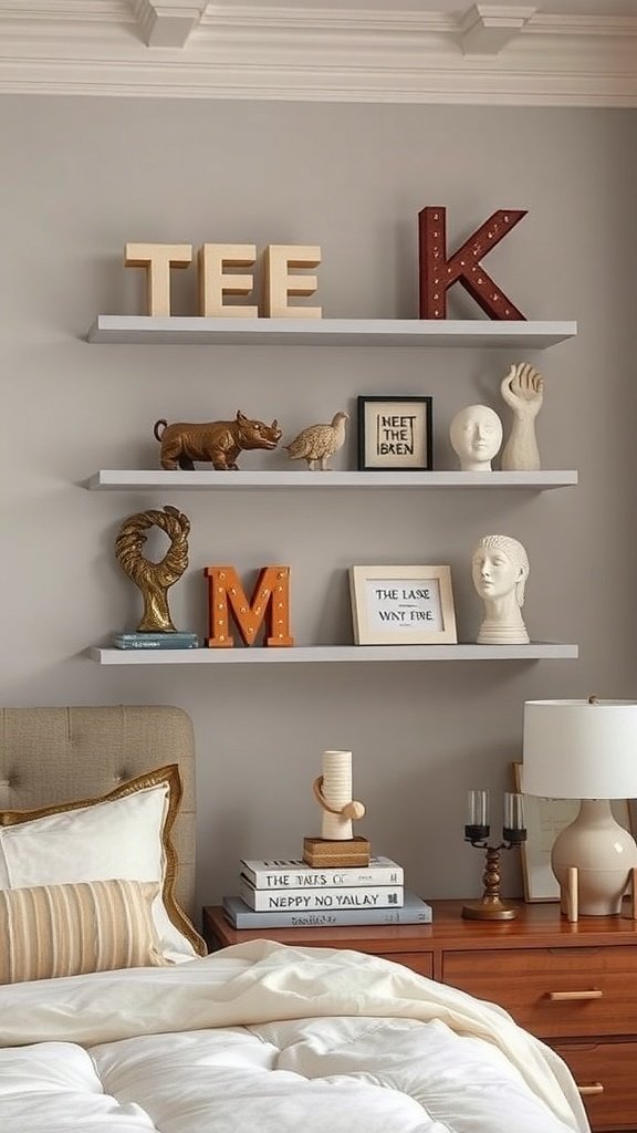 Um quarto elegante com elementos decorativos esculturais em prateleiras, incluindo figuras de animais e letras artísticas.