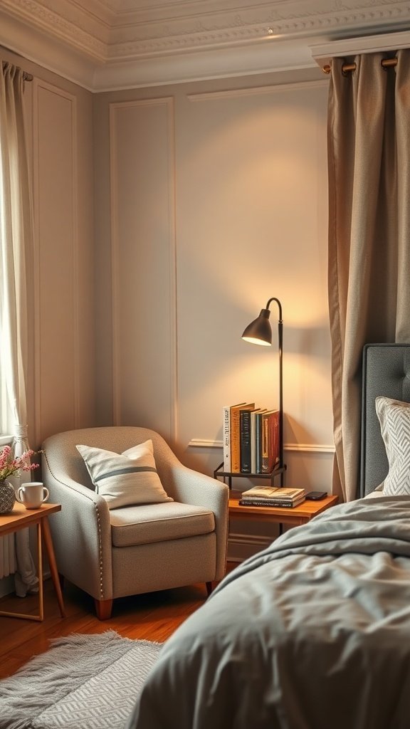 Cantinho de leitura aconchegante com cadeira, luminária e livros em um quarto.