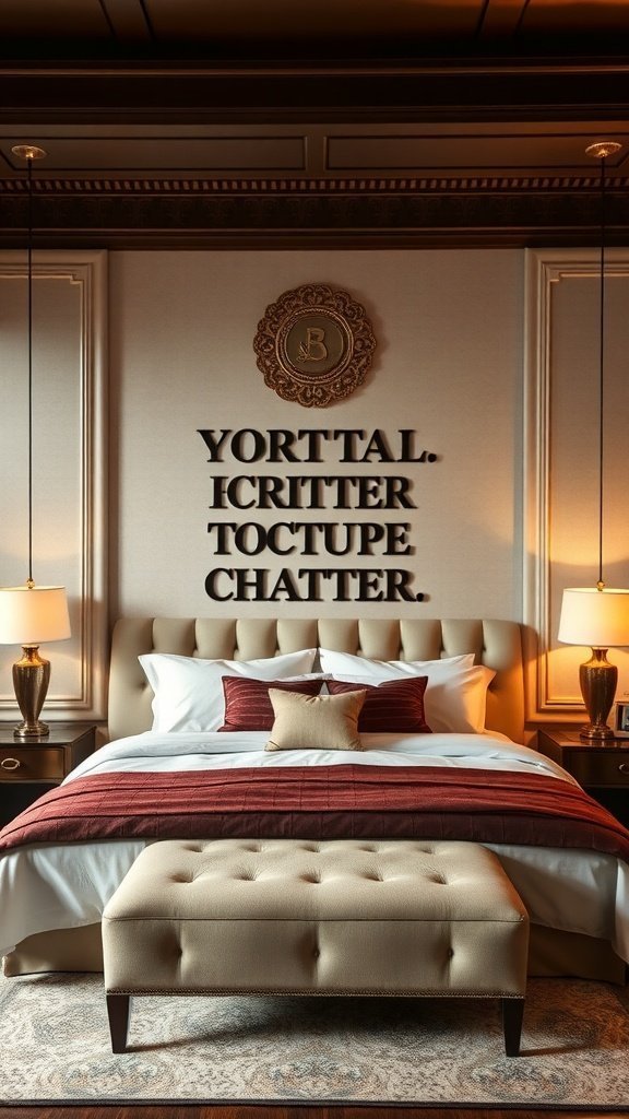 Um quarto luxuoso com uma cabeceira capitonê exclusiva com elementos decorativos.