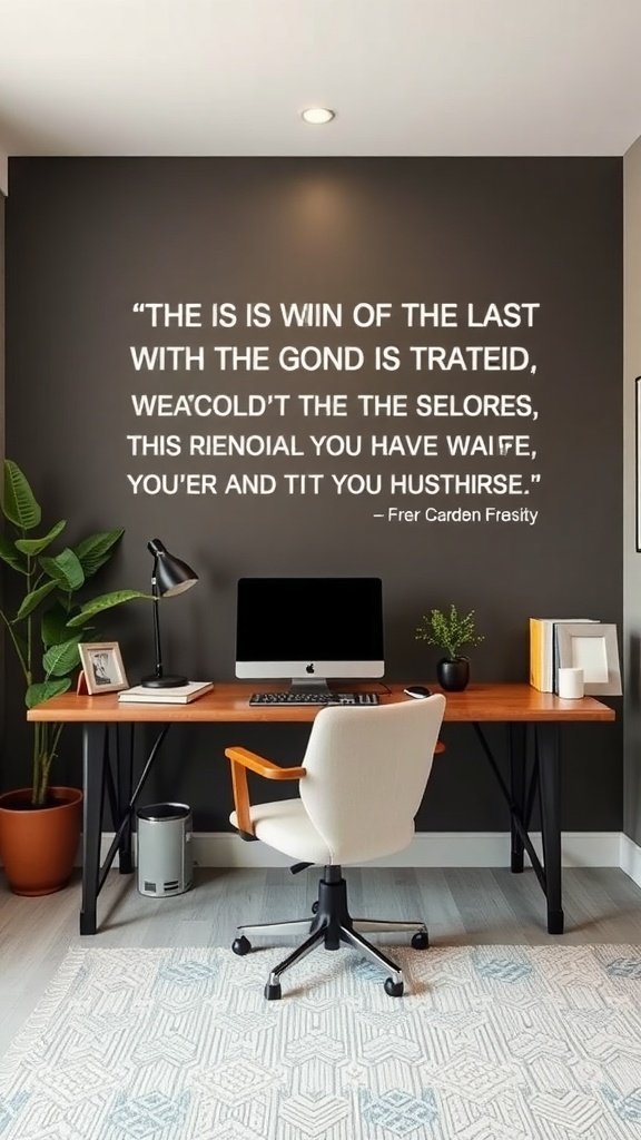 Um espaço de trabalho elegante com uma parede com uma peça de arte com uma citação personalizada.