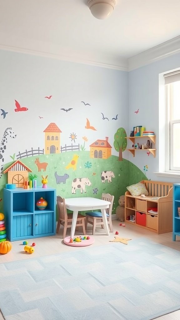 Um mural colorido pintado à mão em um quarto infantil com animais, casas e árvores.