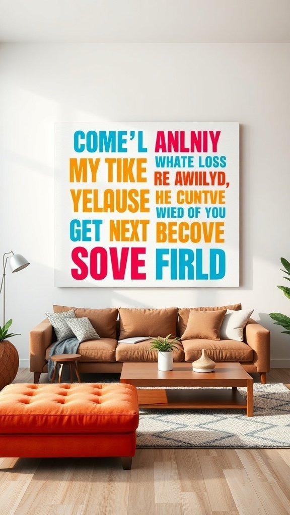 Uma peça de arte de parede colorida com citações tipográficas em negrito em várias fontes e cores.