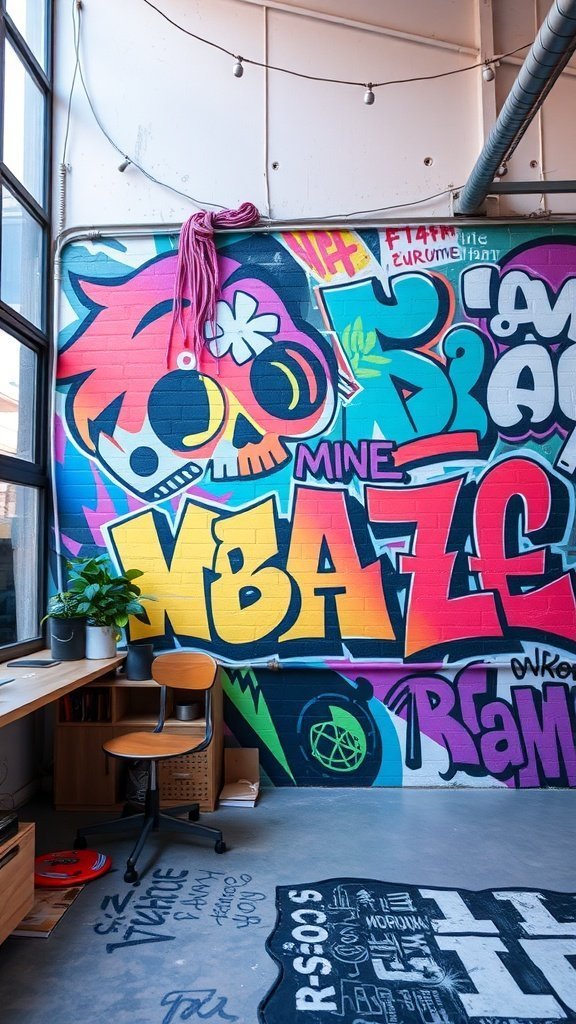 Mural colorido de arte de rua com uma caveira e um texto divertido na parede.