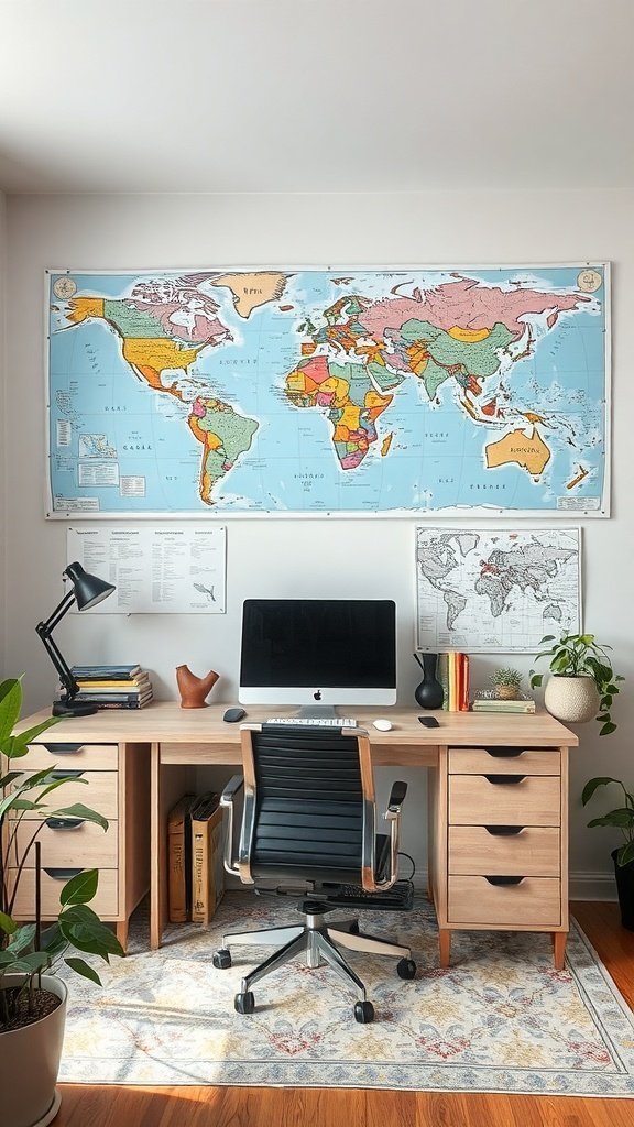 Um espaço de trabalho elegante com um grande mapa-múndi na parede, uma mesa e um computador.