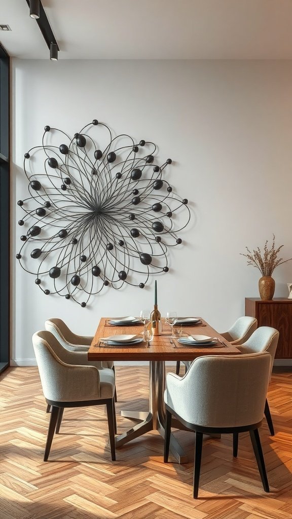 Uma grande escultura de parede de metal em uma área de jantar, com designs complexos e uma estética moderna.