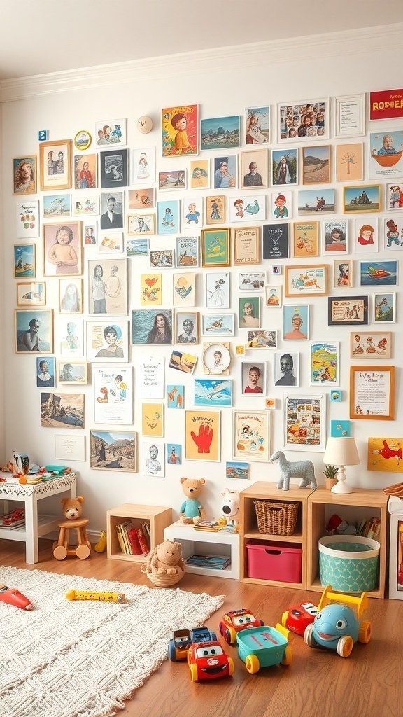 Uma colagem colorida de memórias de infância em uma parede, com fotos e desenhos.