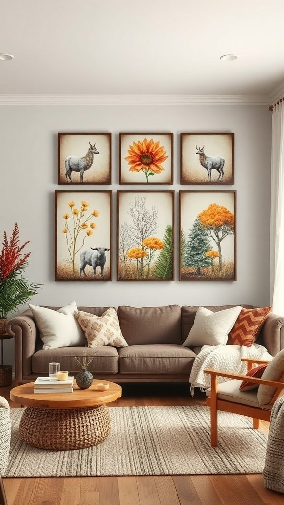 Uma sala de estar aconchegante com arte de parede com temas sazonais, animais e natureza.