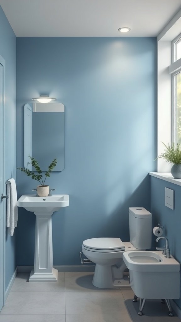 Um banheiro moderno com paredes azuis serenas, acessórios brancos e um toque de verde.