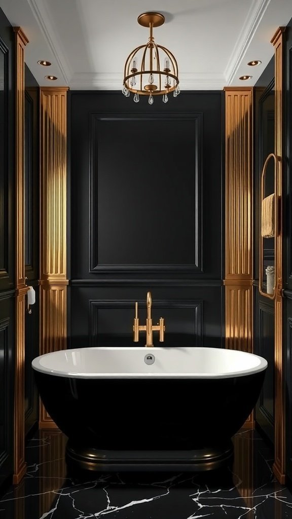 Um banheiro moderno com paredes pretas e detalhes dourados, com uma banheira independente e um lustre elegante.