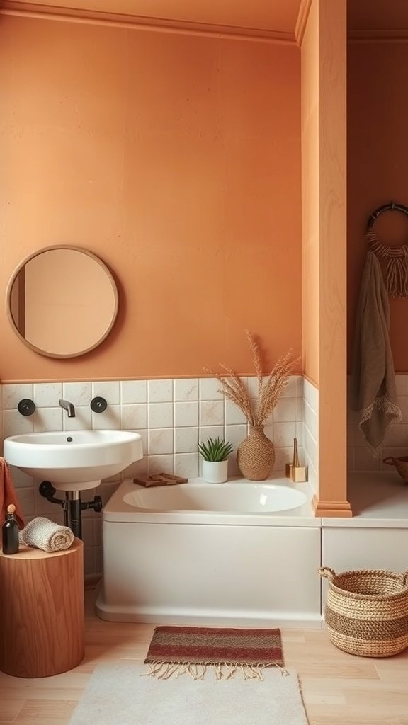 Um banheiro moderno com paredes em terracota aconchegante e detalhes em creme.