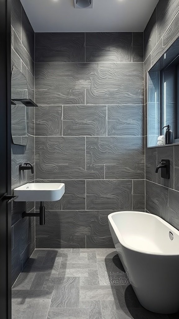 Um banheiro moderno com azulejos texturizados em cinza, uma banheira branca e uma pia minimalista.