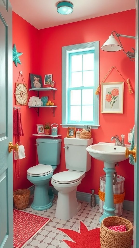 Um banheiro vibrante com paredes corais e detalhes em azul-água, criando uma atmosfera animada e alegre.