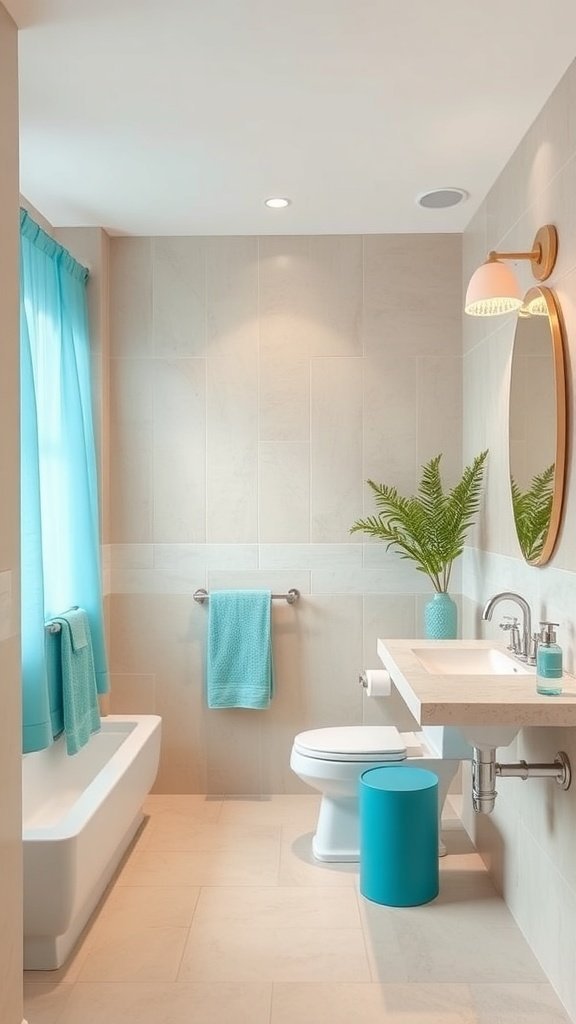 Um banheiro moderno com azulejos bege claro e detalhes em azul oceano.