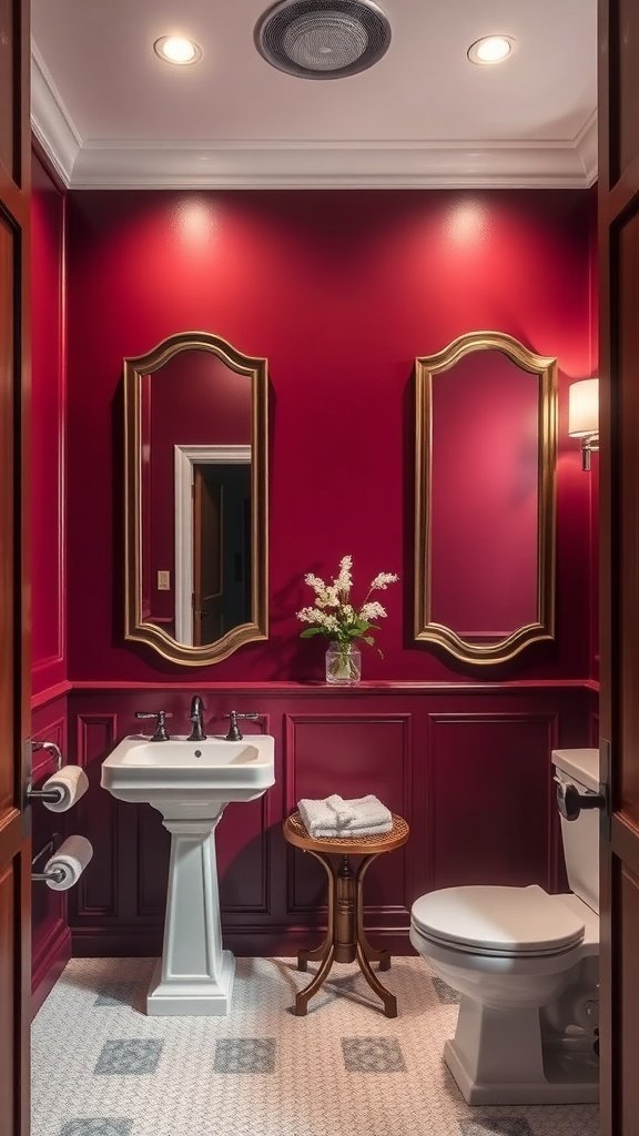 Um banheiro moderno com paredes em tom bordô e acessórios brancos.