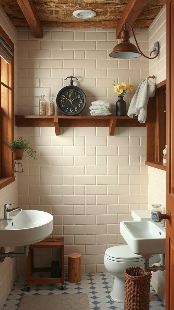 Um banheiro rústico com detalhes em madeira marrom e azulejos creme.