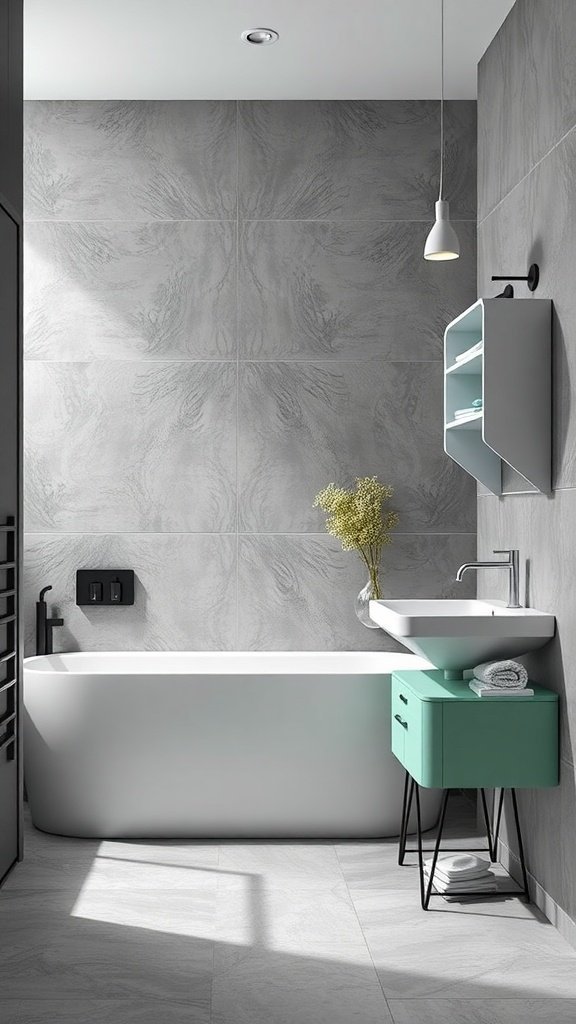 Um banheiro moderno com paredes em cinza frio e detalhes em verde menta.