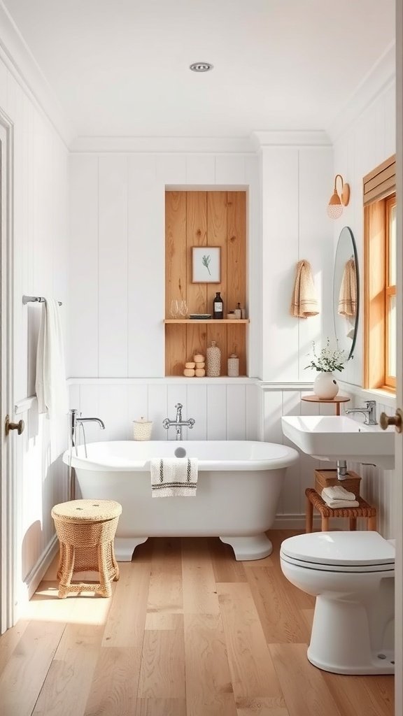 Um banheiro moderno com paredes brancas, detalhes em madeira e um ambiente iluminado e arejado.