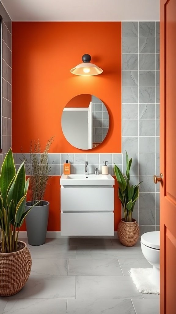 Um banheiro moderno com uma parede laranja em tom de pôr do sol e azulejos cinza, complementados por plantas.