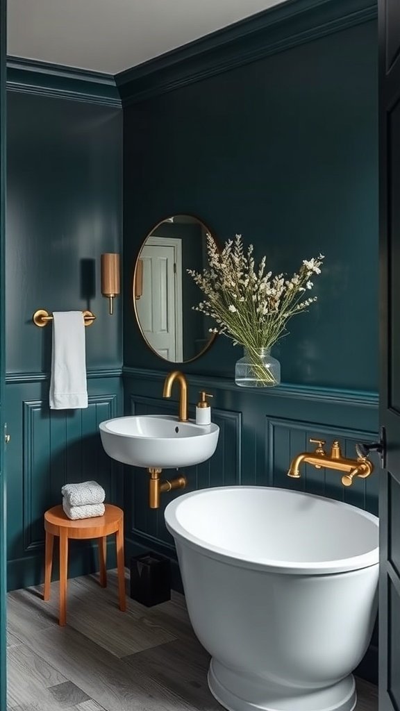 Um banheiro moderno com paredes azul-petróleo e acessórios de latão.