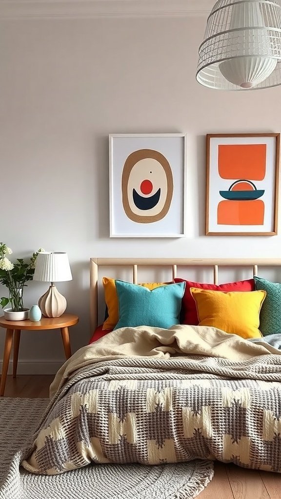 Um quarto escandinavo com almofadas coloridas, obras de arte e um cobertor aconchegante.