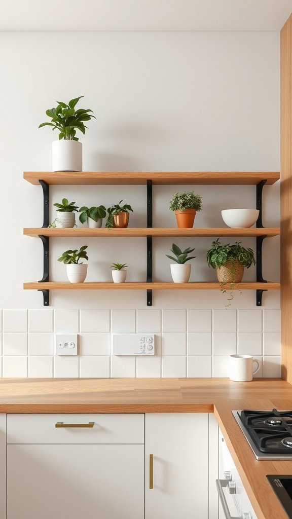 Uma prateleira de cozinha minimalista exibindo vários vasos de plantas.