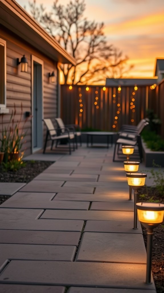 Um caminho de pátio lindamente iluminado com luzes solares de jardim brilhando enquanto o sol se põe.