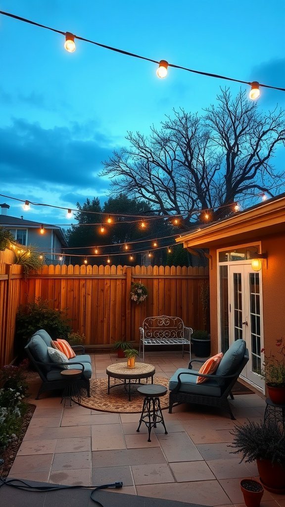 Um pátio aconchegante com luzes de corda iluminando a área de estar.