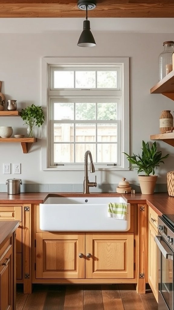 Uma cozinha aconchegante com uma pia de fazenda, armários de madeira e prateleiras decorativas.