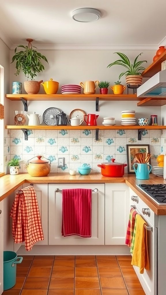 Une cuisine lumineuse et colorée avec des étagères exposant diverses assiettes et pots colorés, décorées de plantes et de torchons de cuisine.