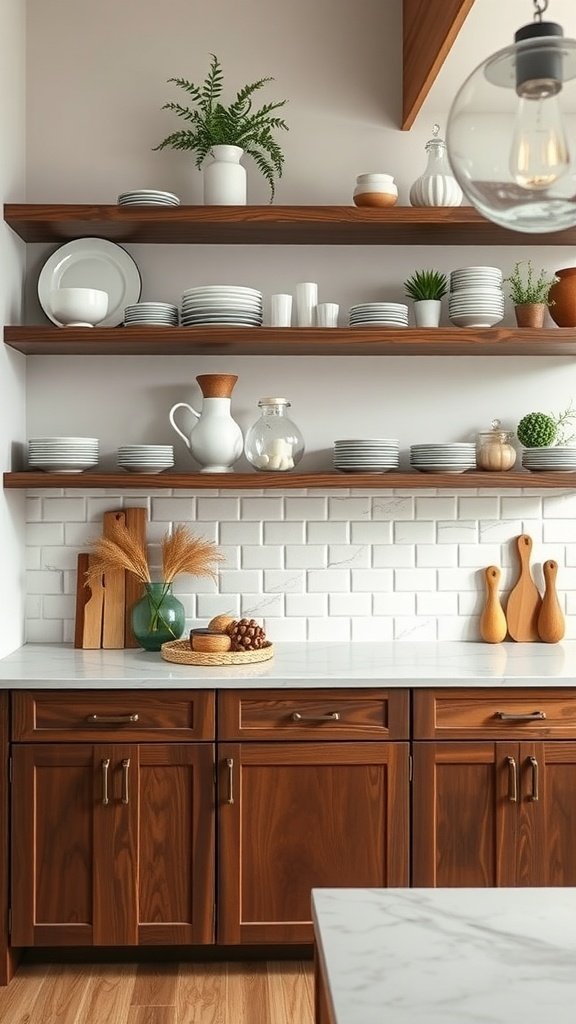 Cozinha elegante com prateleiras de madeira abertas exibindo pratos, copos e itens decorativos.